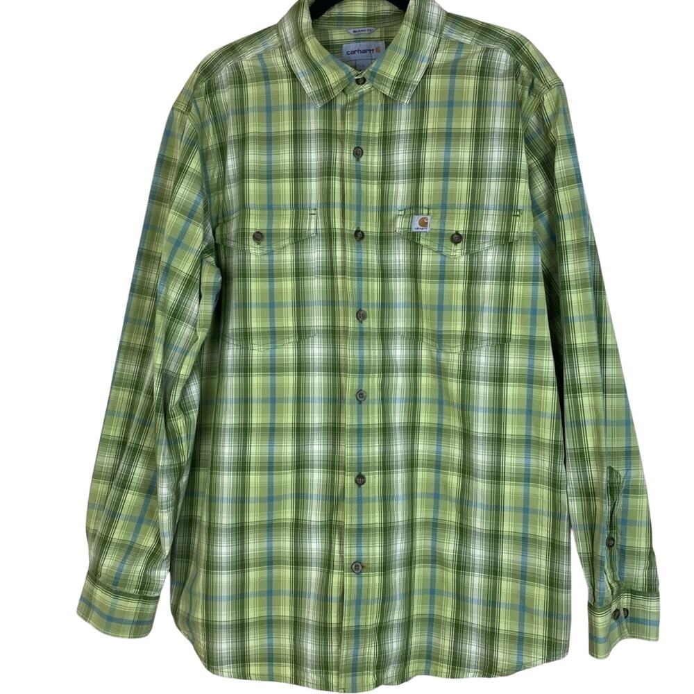 Carhartt Mint Green Plaid Gingham Button Down Dress Shirt Mens Large Workwear